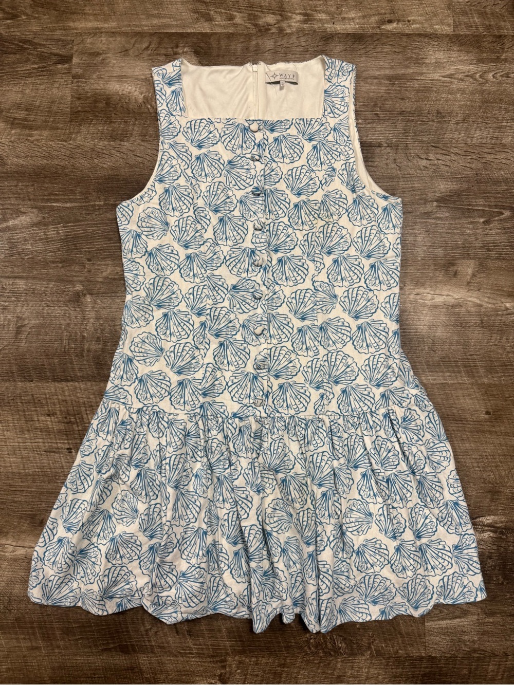 Wayf Blue & White Shell Print Drop Waist Mini Dress Large